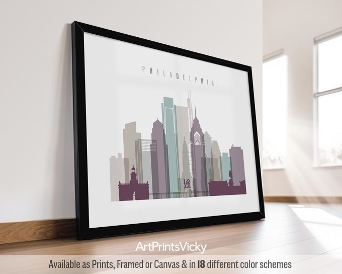 Framed print of a cityscape featuring Philadelphia's skyline and landmarks in a minimalist design.