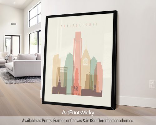 Philadelphia minimalist city print in warm pastel cream theme, modern city print by ArtPrintsVicky