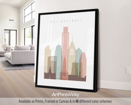 Soft pastel white Philadelphia skyline poster in a contemporary style, by ArtPrintsVicky