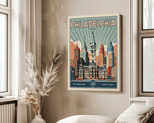 Retro-style poster featuring the Philadelphia skyline and city hall with a colorful design.