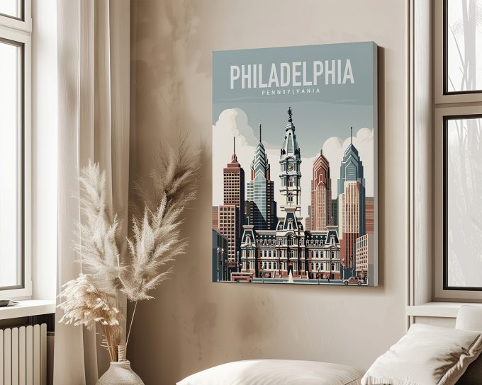 Art print featuring the Philadelphia skyline with the city hall building and skyscrapers in a stylized design.