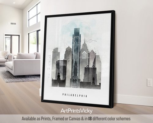 Philadelphia city skyline print featuring City Hall, iconic landmarks, and the vibrant cityscape in a bold Urban 1 style with strong lines, by ArtPrintsVicky.