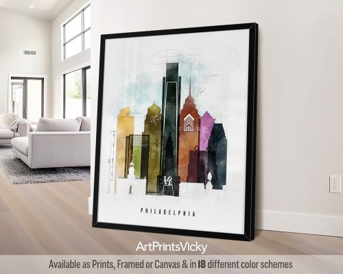 Philadelphia skyline featuring iconic landmarks and buildings in a bold, geometric Urban 2 style with vibrant colors, by ArtPrintsVicky.
