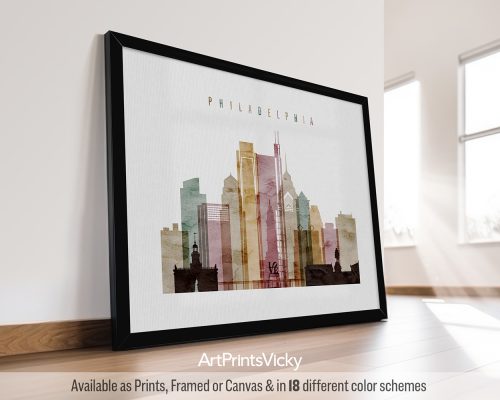Philadelphia landscape city print featuring City Hall, and vibrant cityscape in a rich and textured Warm Watercolor 1 style, by ArtPrintsVicky.