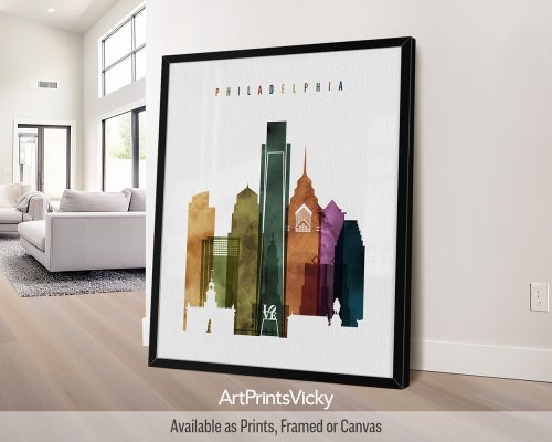 Philadelphia city art print featuring Independence Hall, the Liberty Bell, iconic landmarks, and vibrant cityscape in a rich and textured, bold Watercolor 3 style. by ArtPrintsVicky.