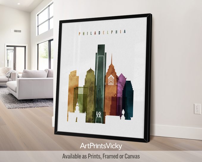 Art print of the Philadelphia skyline featuring various building silhouettes in a colorful design.