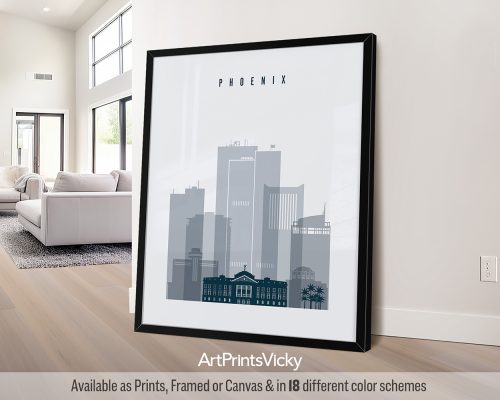 Phoenix city skyline poster in a cool grey blue color scheme by ArtPrintsVicky