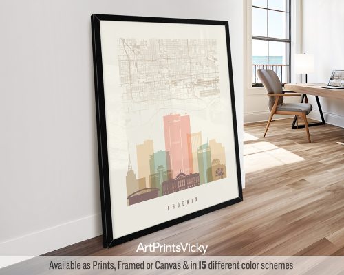 Phoenix Map & Skyline Print in Warm Pastels by ArtPrintsVicky