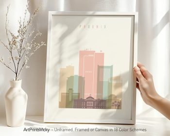 Art print featuring a stylized cityscape of Phoenix with pastel colors and geometric shapes.