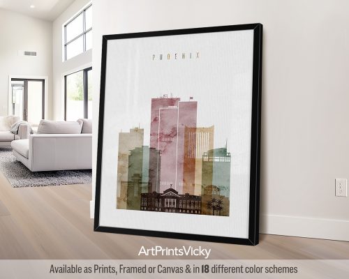 Phoenix, Arizona city skyline print featuring iconic landmarks, vibrant cityscape, and stunning desert landscape in a rich and textured warm Watercolor 1 style, by ArtPrintsVicky.
