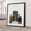 Art print featuring a stylized skyline of Phoenix with various building silhouettes and colors.