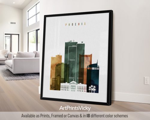 Phoenix Hues: Vibrant Watercolors Skyline Print by ArtPrintsVicky