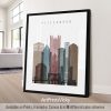 Art print of Pittsburgh city skyline featuring various buildings in a stylized design.
