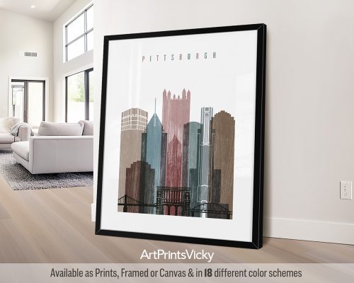 Pittsburgh wall print featuring iconic bridges, vibrant cityscape in textured, vintage Distressed 1 style. by ArtPrintsVicky.
