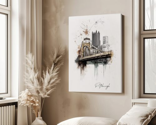 Artistic representation of Pittsburgh's skyline featuring a bridge and buildings in a watercolor style.