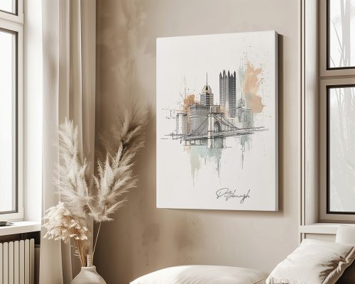 Artistic illustration of Pittsburgh's skyline featuring bridges and buildings in soft colors.