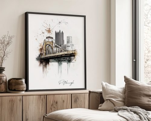 Framed artwork depicting a bridge and skyline of Pittsburgh with abstract splashes of color.