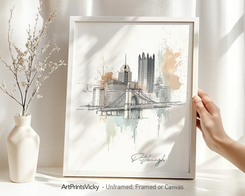 Art print of Pittsburgh skyline featuring buildings and a bridge with watercolor accents.