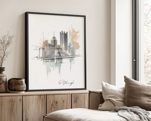 Artistic drawing of Pittsburgh skyline featuring buildings and a bridge.