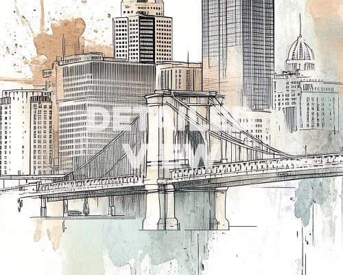 A smooth watercolor drawing of the Pittsburgh skyline, featuring iconic landmarks and soft colors by ArtPrintsVicky