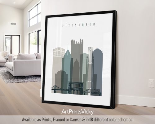 Pittsburgh modern art print in cool Earth Tones 4. Features bridges, skyline, industrial hints, and dynamic angles by ArtPrintsVicky
