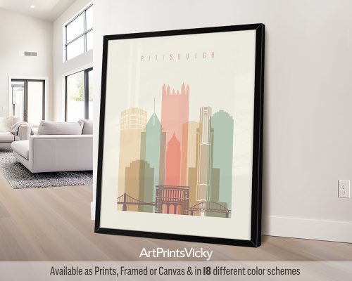 Pittsburgh minimalist city print in warm pastel cream theme, modern city print by ArtPrintsVicky