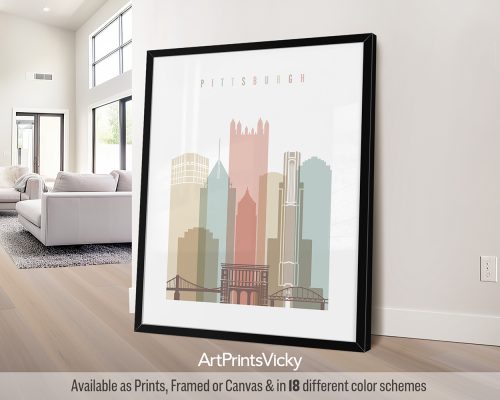 Soft pastel white Pittsburgh skyline poster in a contemporary style, by ArtPrintsVicky