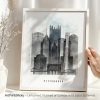 Art print of a cityscape featuring the skyline of Pittsburgh with notable buildings.
