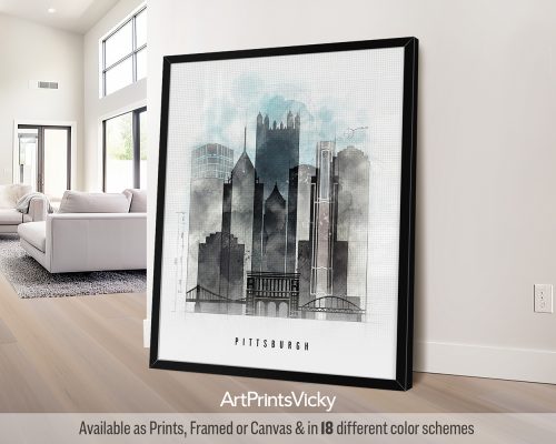 Pittsburgh skyline reimagined with bold geometric shapes and a minimalist aesthetic in Urban 1 style by ArtPrintsVicky.