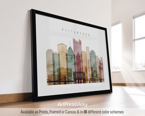 Pittsburgh landscape skyline featuring iconic bridges, vibrant cityscape, and surrounding hills in a warm and textured Watercolor 1 style, by ArtPrintsVicky.