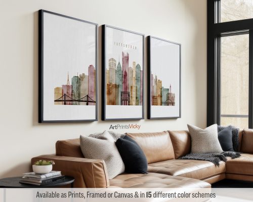 Pittsburgh skyline triptych featuring iconic bridges, the vibrant cityscape, and its industrial heritage in a rich and textured Watercolor 1 style, divided into three contemporary prints. by ArtPrintsVicky.