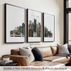 Pittsburgh skyline triptych featuring landmarks, bridges, and cityscape in a warm and textured Earthy Watercolor 2 style, divided into three prints. by ArtPrintsVicky.