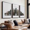 Pittsburgh skyline triptych featuring landmarks, bridges, and cityscape in a warm and textured Earthy Watercolor 2 style, divided into three prints. by ArtPrintsVicky.