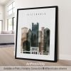 Art print of Pittsburgh cityscape featuring buildings and landmarks in a watercolor style.