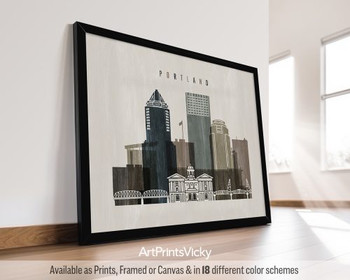Portland landscape skyline featuring iconic bridges, and the vibrant cityscape in a textured and vintage Distressed 2 style, by ArtPrintsVicky.