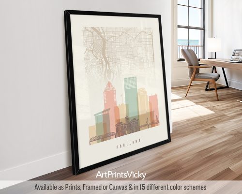 Portland Poster: Warm Pastels City Map & Skyline by ArtPrintsVicky