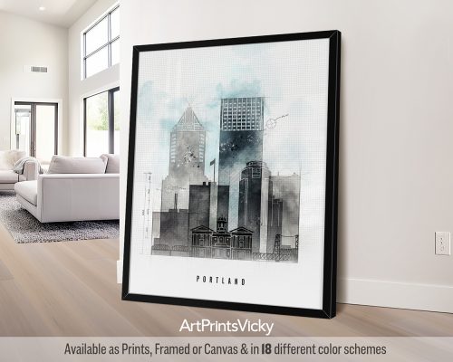 Portland cityscape with iconic buildings, bridges, and landmarks in an architectural Urban 1 style with bold lines, by ArtPrintsVicky.