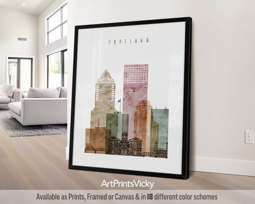 Portland skyline featuring iconic bridges, vibrant cityscape, and surrounding hills in a warm and textured Watercolor 1 style, by ArtPrintsVicky.