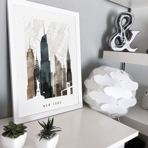 Art print of New York City skyline featuring iconic buildings and landmarks in a minimalist style.