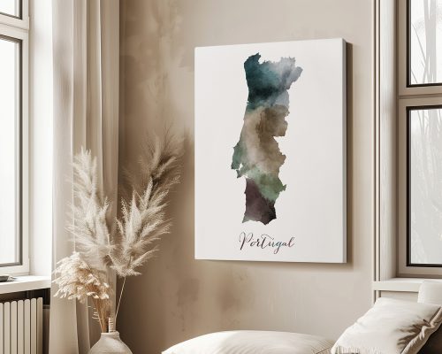 Watercolor illustration of the map of Portugal with a blend of green and brown colors.