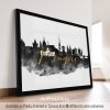 Art print featuring a silhouette of Prague's skyline with gold lettering.
