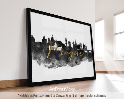 Black and white watercolor art print featuring a picturesque view of the Prague cityscape with iconic landmarks like the Charles Bridge and Prague Castle. The city's name is written in a bold faux gold font in the middle of the print. by ArtPrintsVicky.