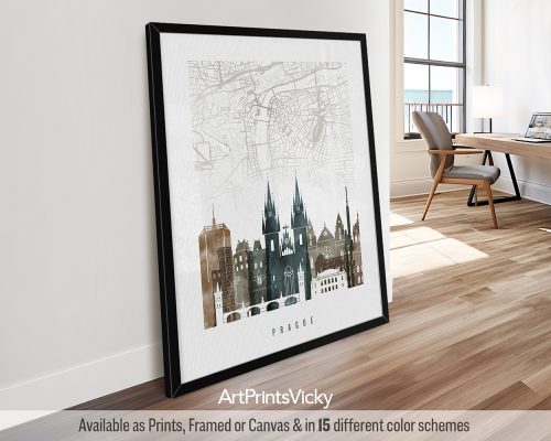 Prague minimalist map and skyline poster featuring the Prague Castle, the Charles Bridge, iconic landmarks, and street layout, all rendered in a rich and textured earthy Watercolor 2 style. by ArtPrintsVicky.