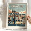 Retro art print of Prague featuring landmarks and a river in a framed display.