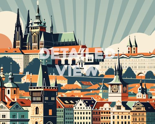 Illustration of Prague featuring prominent buildings and a stylized skyline with rays in the background.