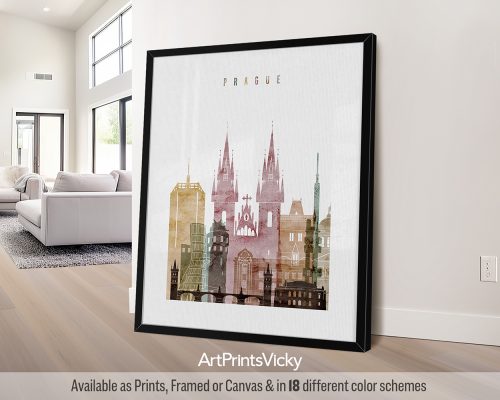 Prague city skyline print featuring Charles Bridge, Prague Castle, and iconic landmarks in a rich and textured warm Watercolor 1 style, by ArtPrintsVicky.