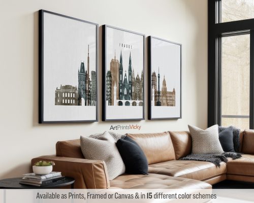 Prague skyline triptych featuring the Charles Bridge, Prague Castle, iconic landmarks, and enchanting cityscape in a rich and textured earthy Watercolor 2 style, divided into three contemporary prints. by ArtPrintsVicky.
