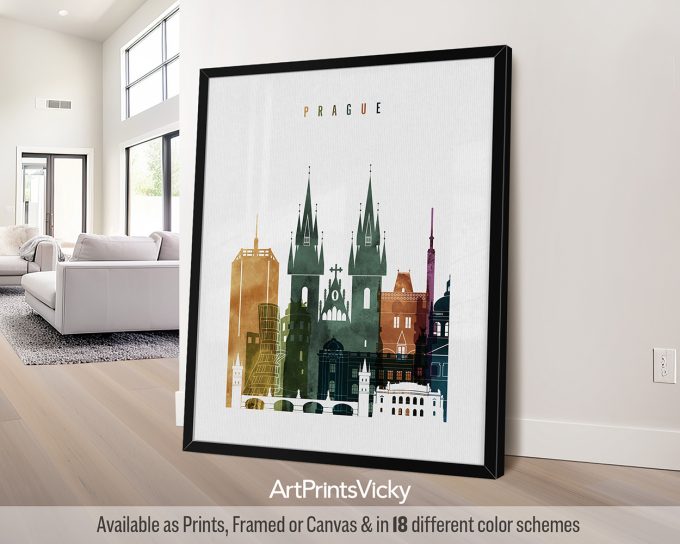 Art print featuring a stylized cityscape of Prague with notable buildings and towers in various colors.