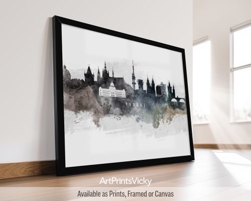 Watercolor art poster of the Prague skyline, featuring iconic landmarks, and vibrant colors by ArtPrintsVicky.