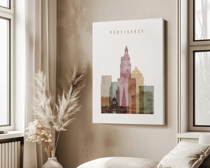 Art print featuring a stylized skyline of Providence with various building shapes and colors.